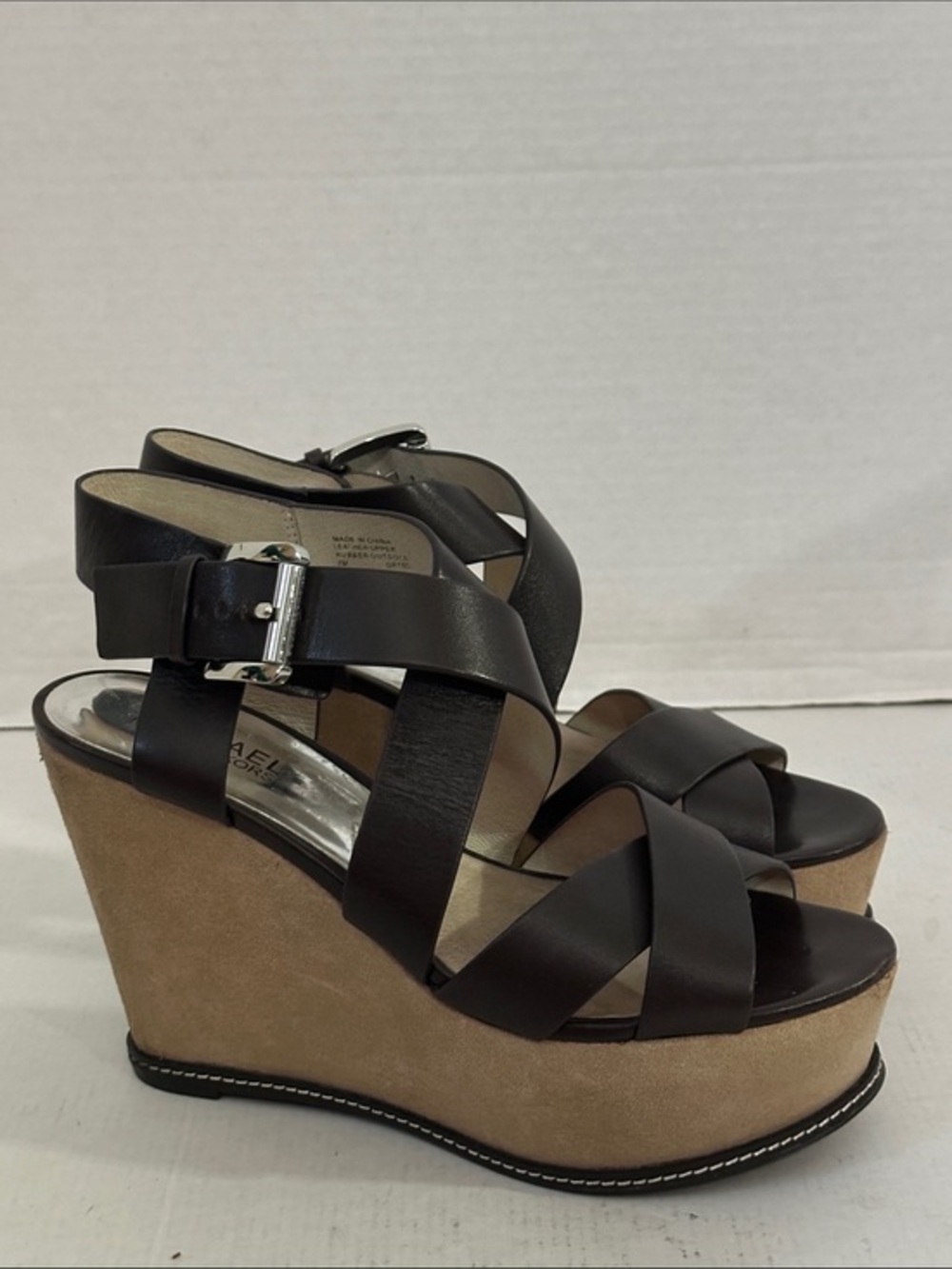 Michael Kors brown Leather Cross-Strap Sandals with Tan Suede Platform wedge 7